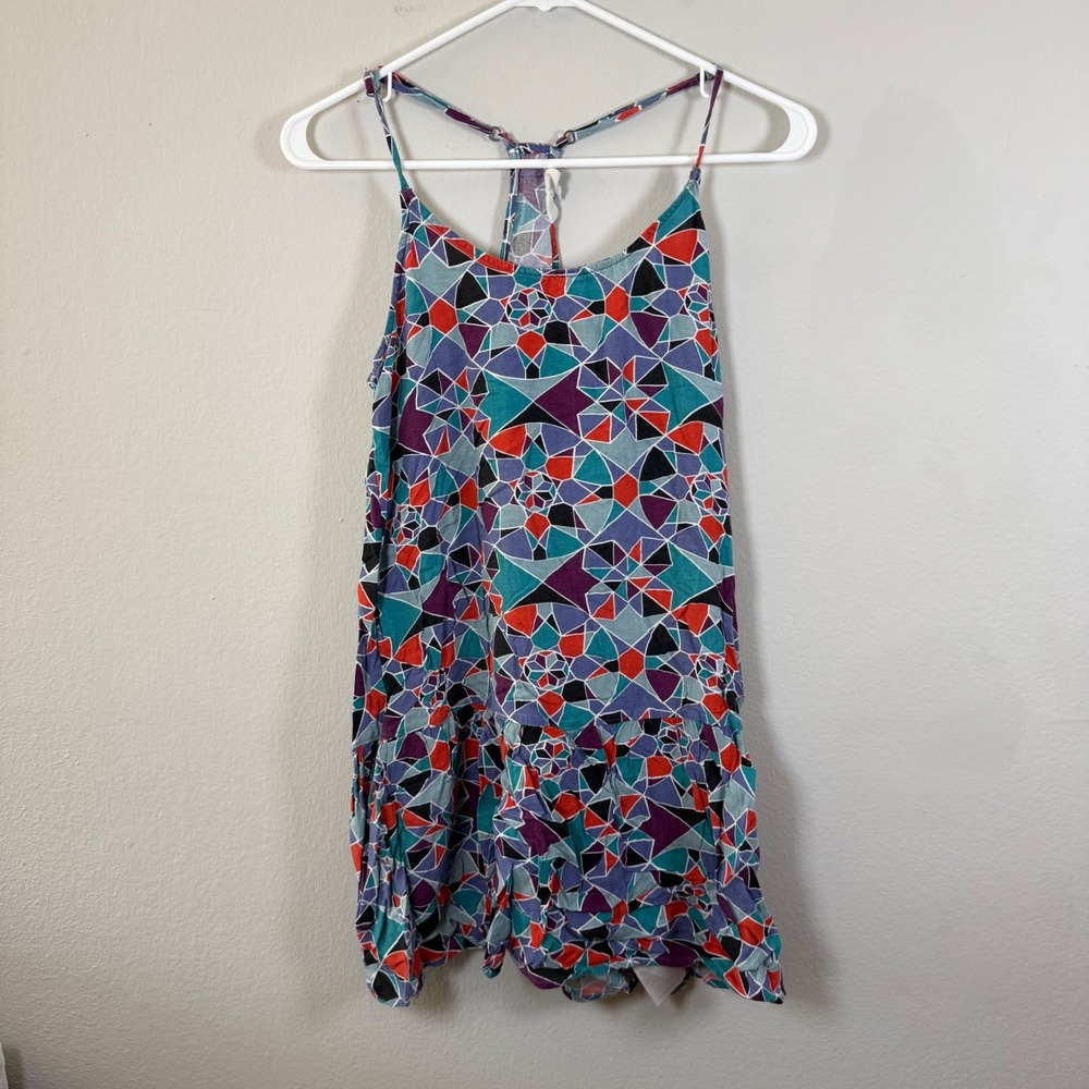Roxy Geometric Print Tiered Ruffle Spaghetti‎ Strap Dress Women Medium